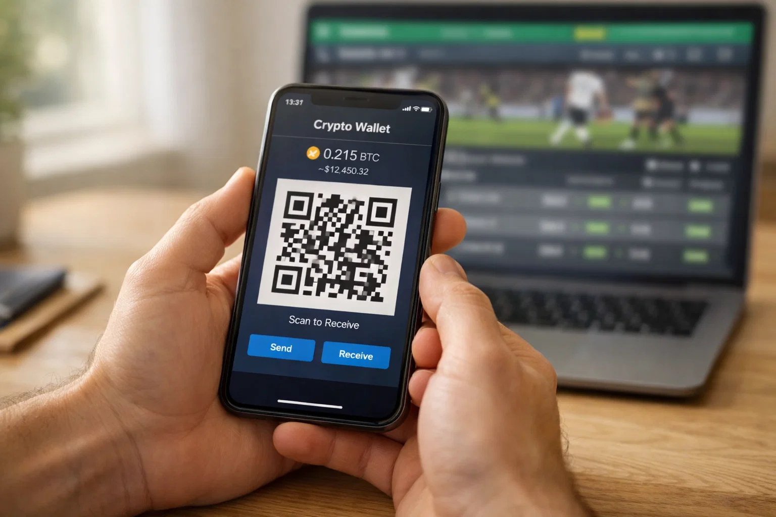 Configurar carteira digital para apostas bitcoin — pessoa a usar telemóvel com aplicação de carteira cripto
