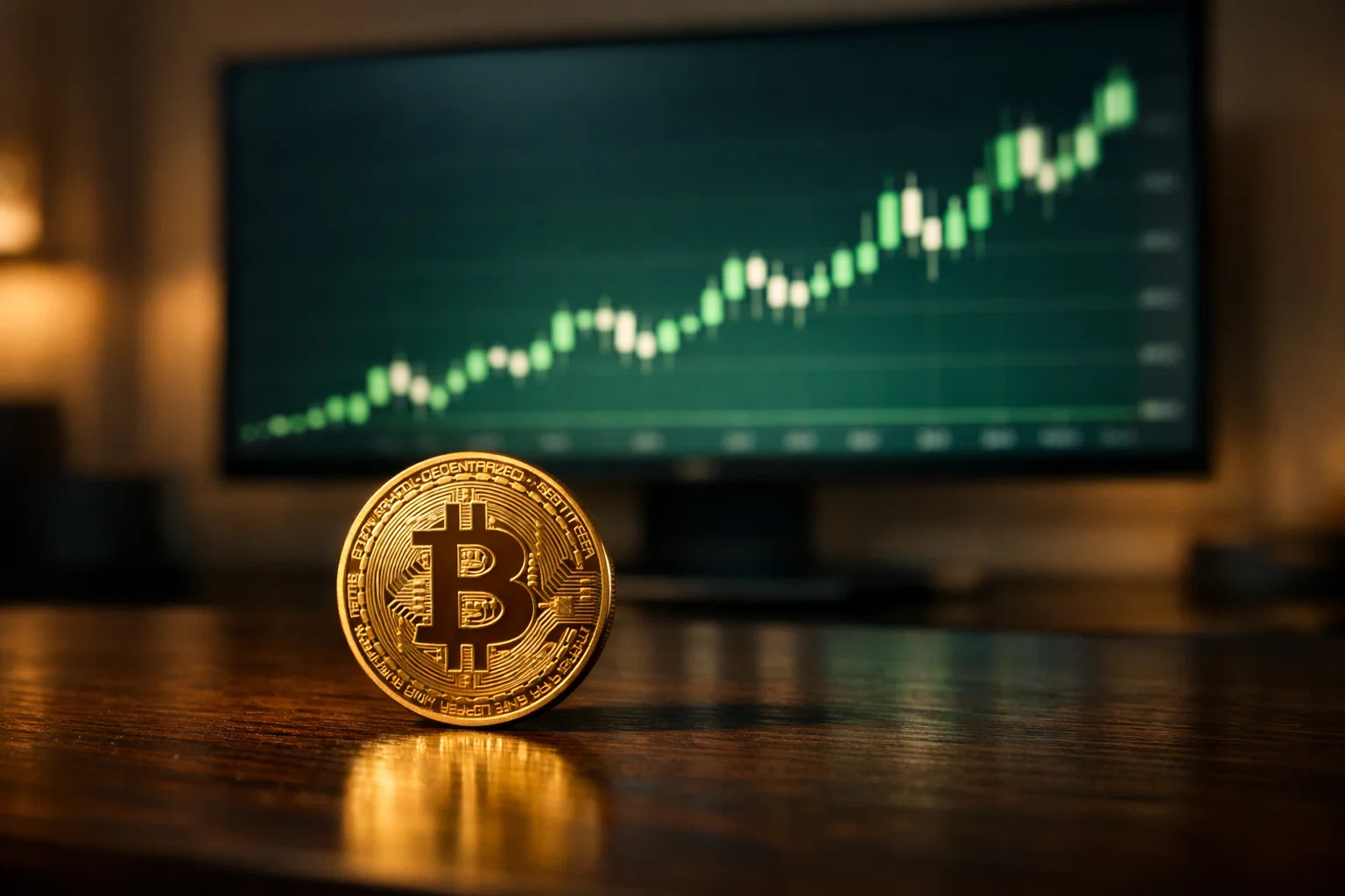 Apostar bitcoin em Portugal — moeda digital dourada sobre mesa de análise com ecrã de mercado cripto ao fundo